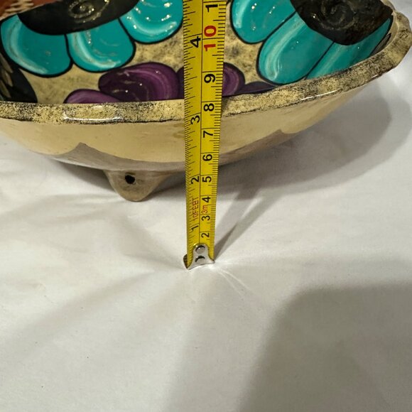 Unsigned Mexican Los Cabos tan teal purple gold footed pottery floral 9.5” dish - Picture 6 of 6